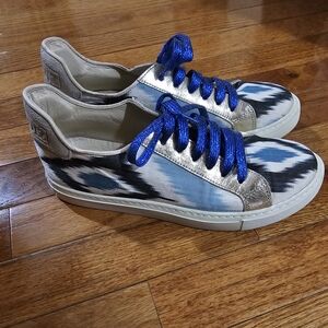 Baldiz Sneakers. Trendy Blue Ikat Sneakers with Silver Highlights